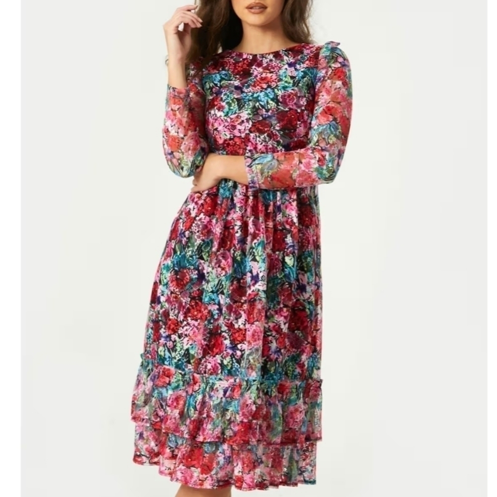 NWT Little Mistress London Alora Colorful Floral lace midi dress size 10